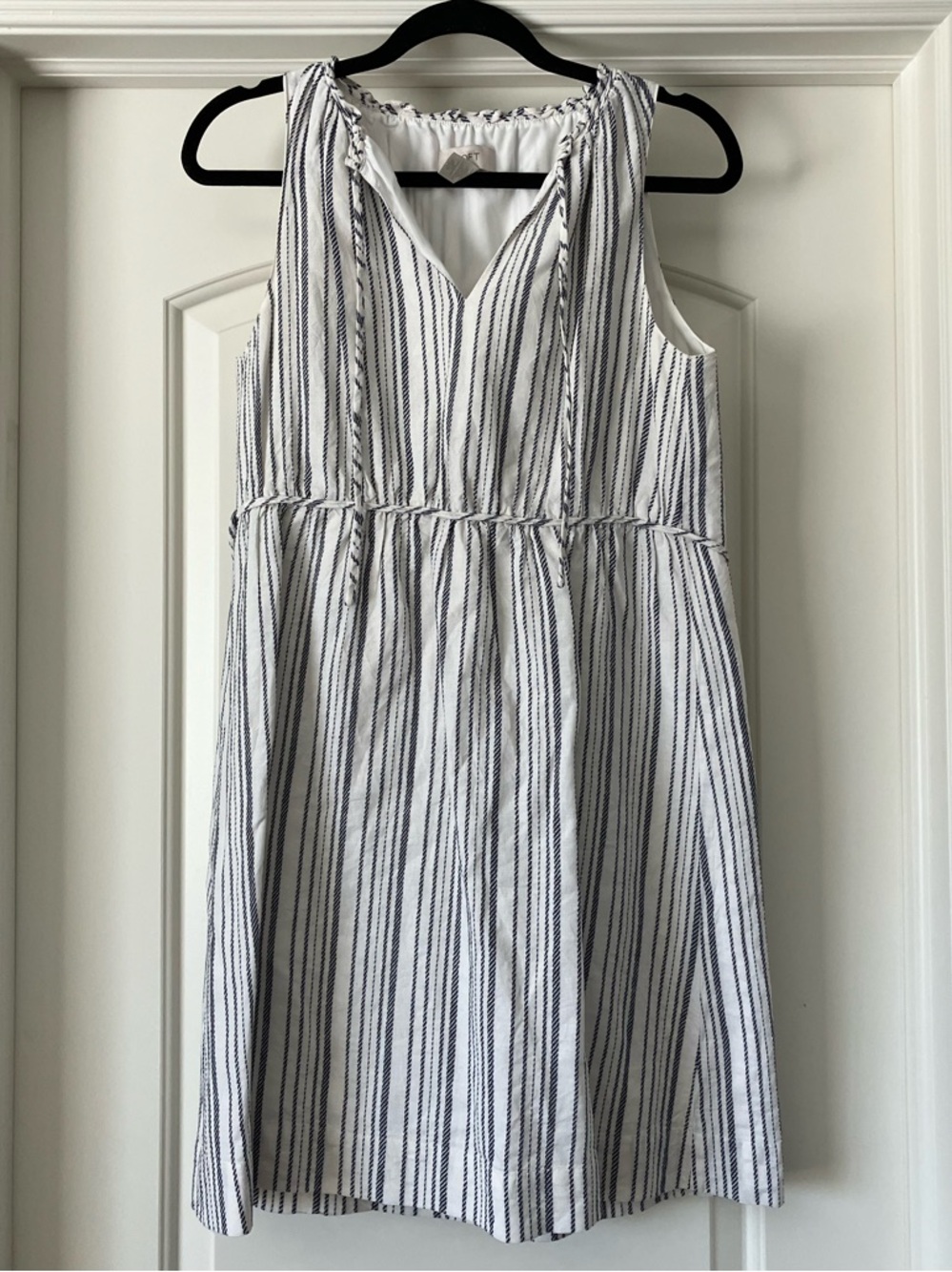 LOFT White and Navy Striped Sleeveless Cotton Blend Dress
